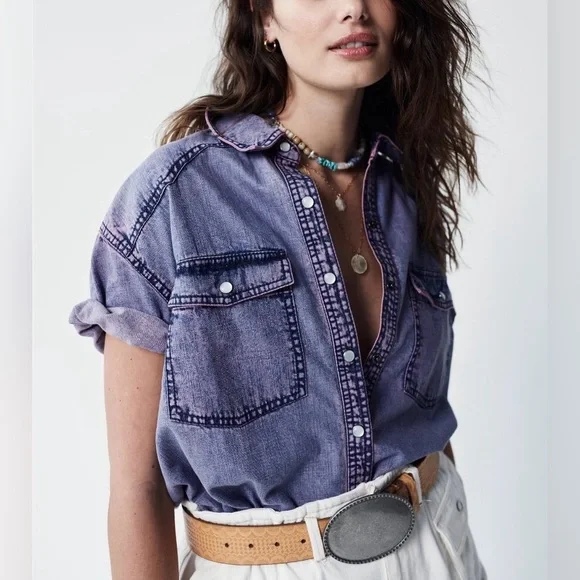 We The Free Purple Button Down Shirt - Picture 4 of 10